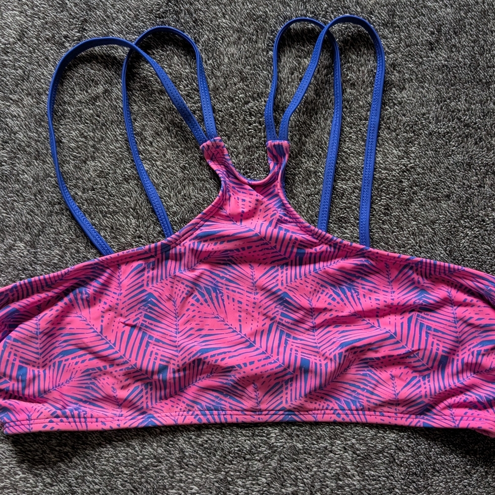 Pink Palm Print Strappy Sports Bra with Blue Straps